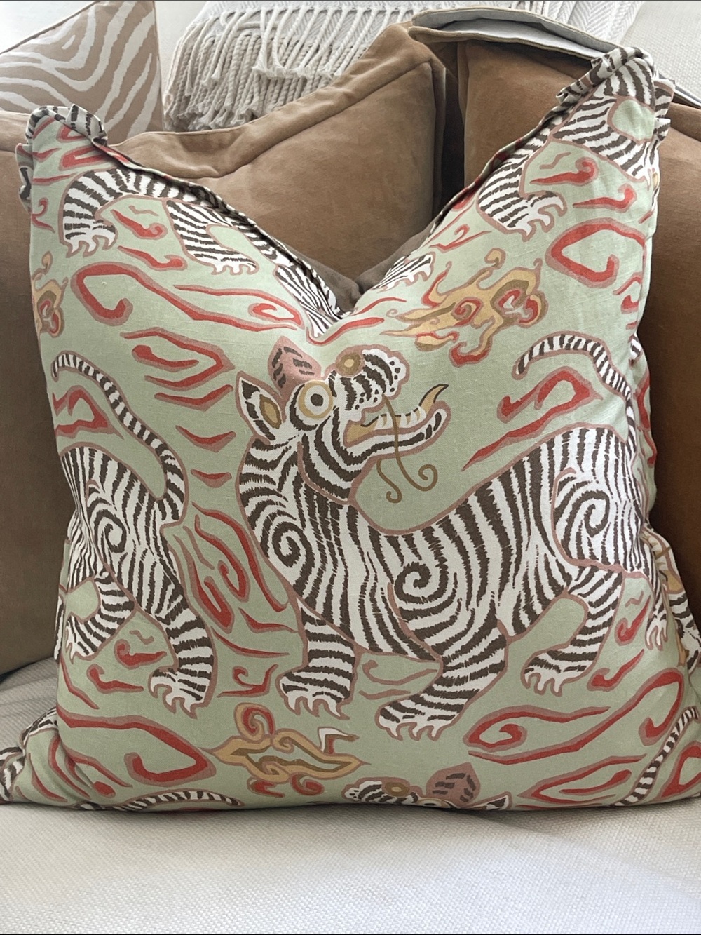 New, no tag Clarence House Tiger Print Pillow in Sage & Coral 20x20 down insert.
